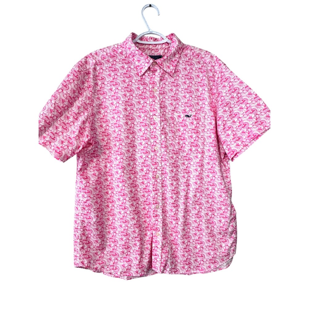 Vineyard Vines Stretch Cotton BVI Pink Tropical Fruit Print Button Size Large